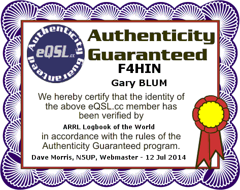 Certificat eQSL.cc Authenticity Guaranteed au nom de F4HIN